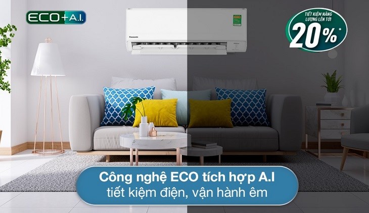 Chế độ ECO tích hợp AI trên máy lạnh Panasonic Inverter 1.5 HP CU/CS-PU12ZKH-8M nâng cao hiệu quả tiết kiệm điện mà vẫn đảm bảo hiệu quả làm mát tối ưu