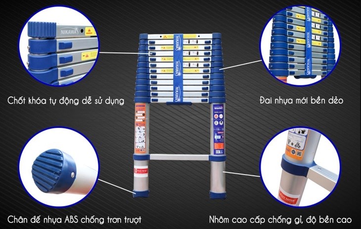 Thang nhôm rút đơn 14 bậc Nikawa NK-50 sở hữu nhiều ưu điểm nổi bật và khả năng chịu được tải trọng đến 150kg phù hợp với thể trạng người Việt