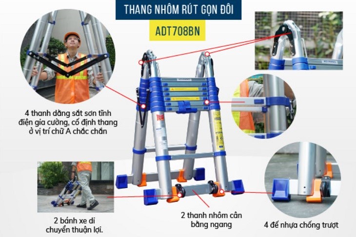 Thang nhôm rút đôi 8 x 2 bậc Advindeq ADT708BN có ứng dụng cao hơn và giá thành nhỉnh hơn so với thang nhôm rút đơn