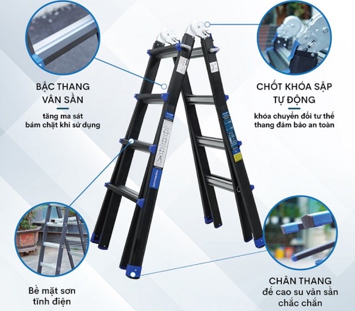 Thang nhôm gấp và rút chữ A 4 x 4 Advindeq AML44B phù hợp với cân nặng đa số người Việt với khả năng chịu được tải trọng 150kg