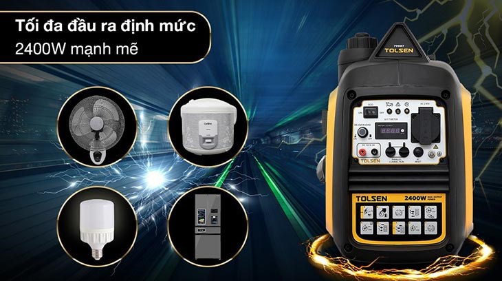 Máy phát điện chạy xăng Tolsen 79987 2200W trang bị công suất đầu ra định mức khoảng 2200W và có thể lên tối đa 2400W