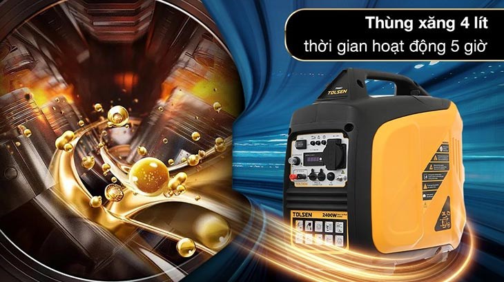 Máy phát điện chạy xăng Tolsen 79987 2200W trang bị thùng xăng 4 lítg giúp phát điện liên tục đến 5 tiếng