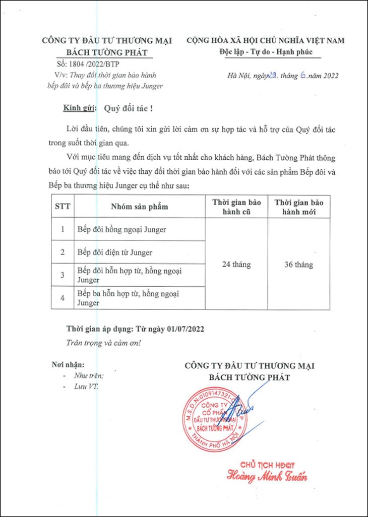 Thông báo tăng thời gian bảo hành của hãng