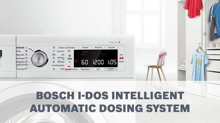 Máy giặt sấy Bosch 10 kg WNA254U0SG với công nghệ i-DOS giúp đo chính xác lượng bột giặt và nước giặt cần thiết cho mỗi lần giặt