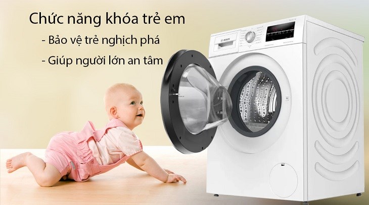 Tính năng khóa trẻ em đảm bảo an toàn trên máy giặt sấy Bosch 10 kg WNA254U0SG