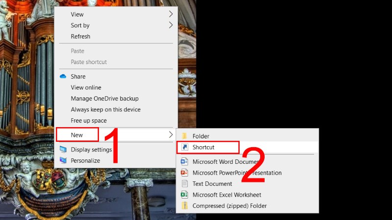 Chọn New > chọn Shortcut ở màn hình Desktop