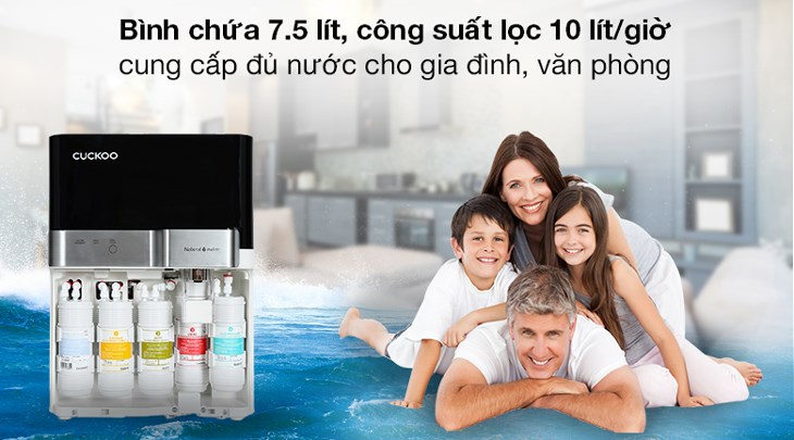 Máy lọc nước RO Cuckoo CP-RRP702MBK 4 lõi sở hữu bình chứa 7.5 lít với công suất lọc 10 lít/giờ đáp ứng nhu cầu sử dụng cho gia đình