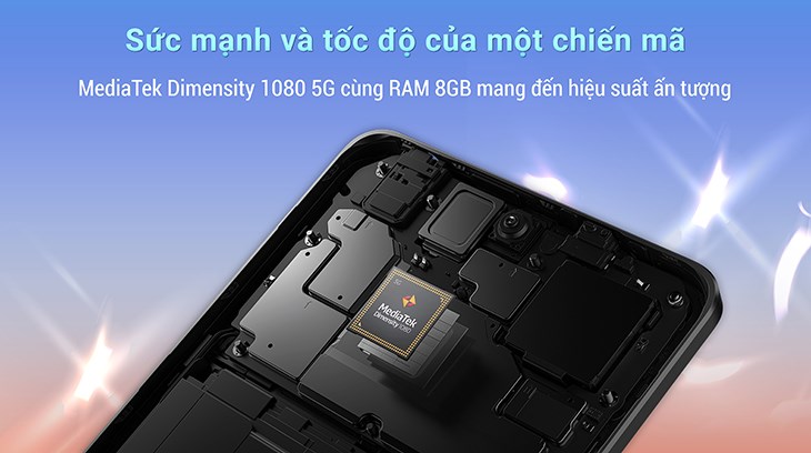 Điện thoại Xiaomi Redmi Note 12 Pro 5G được tích hợp chip MediaTek Dimensity 1080 cùng RAM 8GB phù hợp cho người dùng muốn sở hữu chiếc điện thoại hiệu năng mạnh