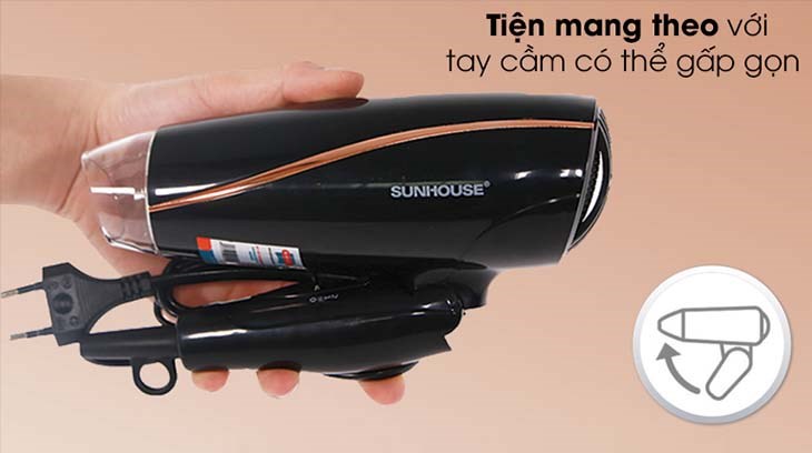 Máy sấy tóc 1200W Sunhouse SHD2306 được thiết kế với tay cầm gấp gọn và móc treo, dễ dàng trong việc bảo quản 