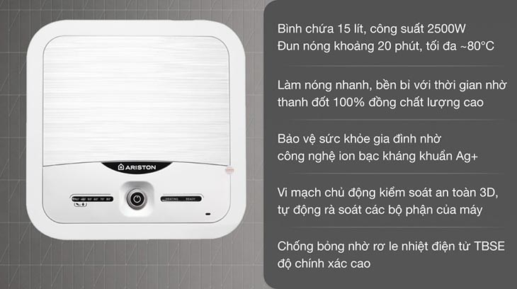 Máy nước nóng gián tiếp Ariston 15 lít 2500W AN2 15 LUX 2.5 FE có giá 3.890.000 đồng (cập nhật tháng 04/2023, có thể thay đổi theo thời gian)