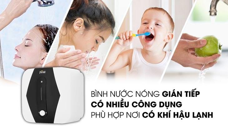 Máy nước nóng gián tiếp Ferroli 20 lít 2500W MIDO SQ phù hợp với khu vực có khí hậu lạnh nhờ cơ chế làm nóng gián tiếp