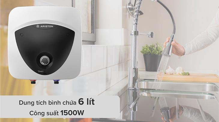 Máy nước nóng gián tiếp Ariston Mini 6 lít AN LUX 6 UE 1.5 FE có công suất làm nóng 1500W, nhiệt độ làm nóng tối đa 75 độ C trong 13 phút