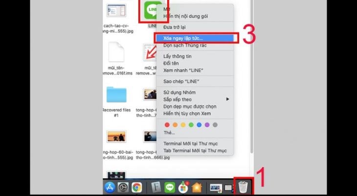 Vào biểu tượng thùng rác ở góc dưới cùng bên phải thanh Dock để xóa ứng dụng