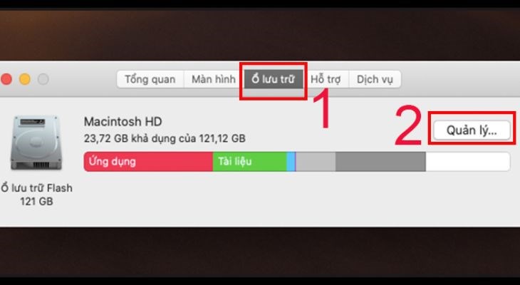 Bạn hãy nhấp chọn nút Quản lý trong mục Ổ lưu trữ