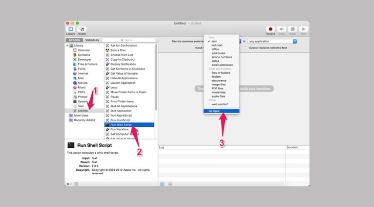 Bạn chọn tiếp Utilities và nhấp đúp chuột vào Run Shell Script rồi chọn No Input