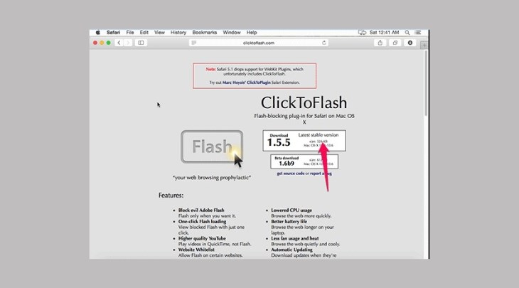 Bạn lựa chọn phiên bản ClickToFlash phù hợp và tải về MacBook