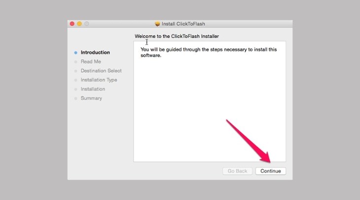 Bạn mở ClickToFlash vừa tải và bấm Continue