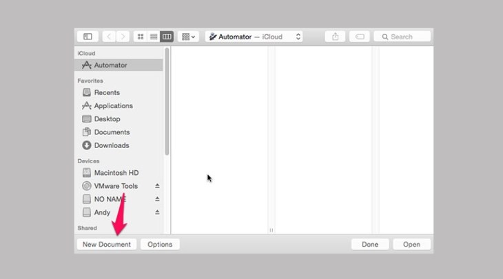 Truy cập vào New Document trong ứng dụng Automator