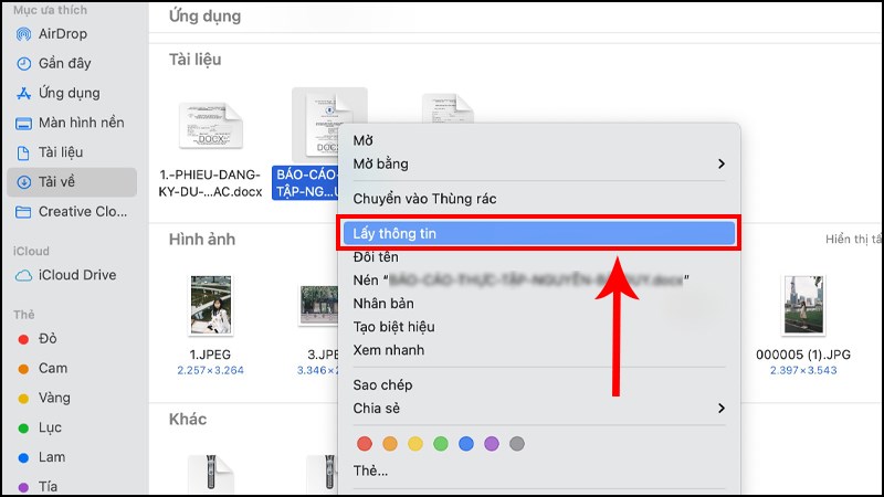 Bạn chọn 1 file nén bất kỳ trong phần Finder và nhấp chuột phải rồi bấm mục Lấy thông tin.