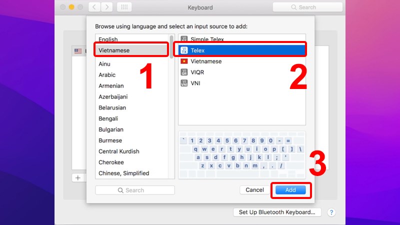 Bạn chọn ngôn ngữ Vietnamese và chọn kiểu gõ để dấu rồi nhấn Add để hoàn tất.