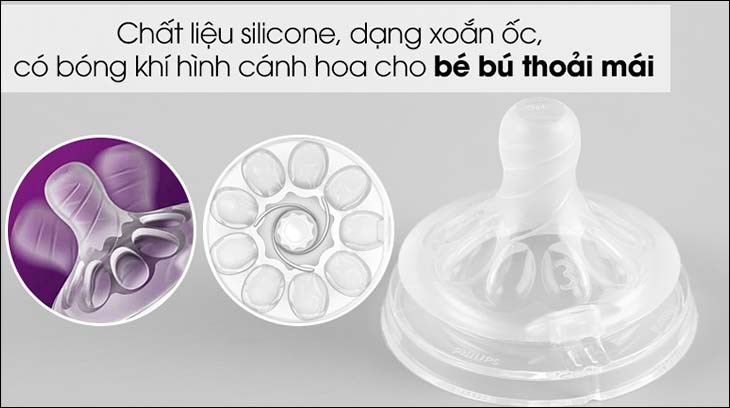 Núm ti silicone Philips Avent cho trẻ từ 3 tháng tuổi SCF653/23 được thiết kế bóng khí cánh hoa tự nhiên, giúp hạn chế biến dạng