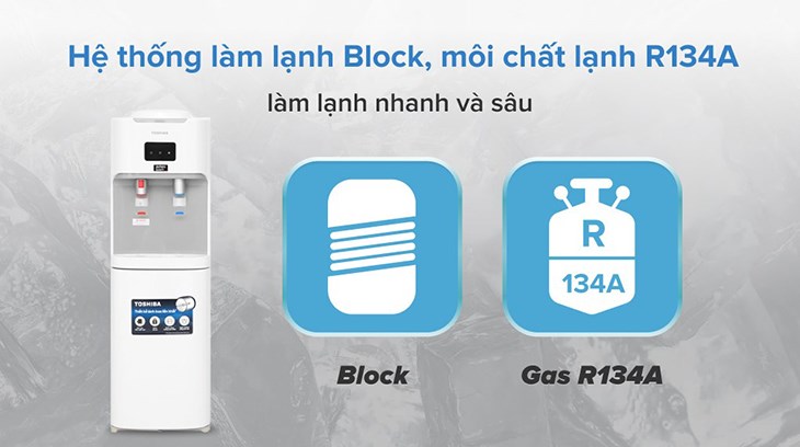 Cây nước nóng lạnh Toshiba RWF-W1664TV(W1) sử dụng hệ thống làm lạnh Block và môi chất lạnh R134A giúp làm lạnh sâu và nhanh Cây nước nóng lạnh Toshiba RWF-W1664TV(W1) sử dụng hệ thống làm lạnh Block và môi chất lạnh R134A giúp làm lạnh sâu và nhanh
