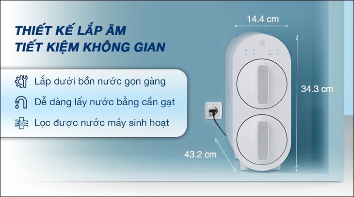 Máy lọc nước UF Waterdrop WD-TSU-W 3 lõi có thiết kế dạng lắp âm nên người dùng có thể lắp đặt ngay phía dưới bồn nước rất thuận tiện