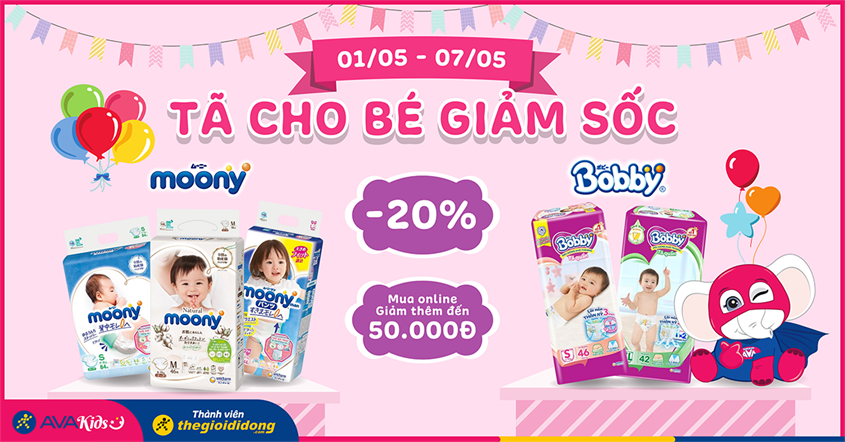 Tã, bỉm giảm đến 20%, mua online giảm thêm đến 50.000đ