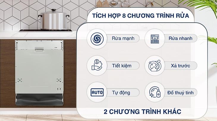 Máy rửa chén âm toàn phần Hafele HDW-FI60AB được trang bị đến 8 chương trình rửa, mang lại nhiều sự lựa chọn 