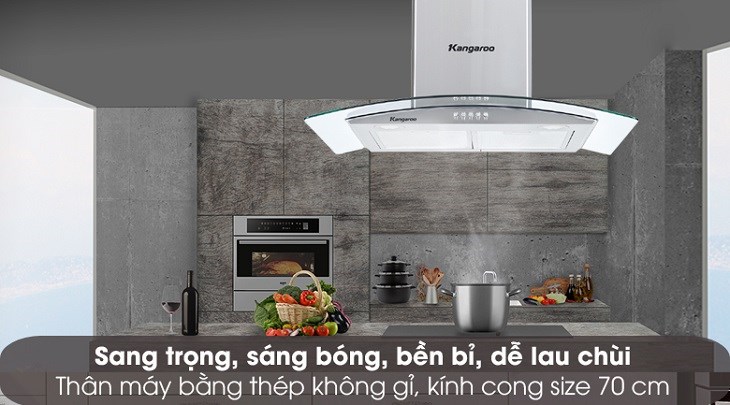 Máy hút mùi kính cong Kangaroo KG538 mang vẻ ngoài sang trọng cùng màu sắc trang nhã, thân máy sáng bóng, bền bỉ, dễ lau chùi