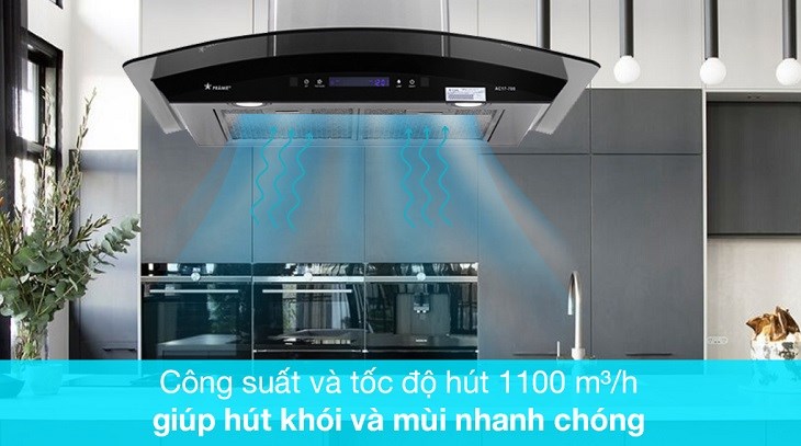 Máy hút mùi kính cong Pramie AC17-700 có công suất hoạt động lên tới 1100 mét khối/giờ, nên có khả năng hút mùi nhanh chóng, hiệu quả