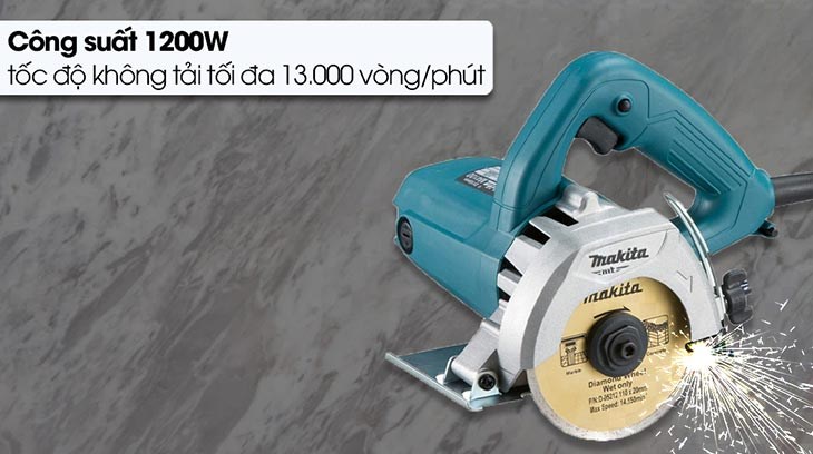 Máy cắt gạch Makita M4100B 1200W hoạt động với công suất 1200W và tốc độ không tải tối đa 13.000 vòng/phút
