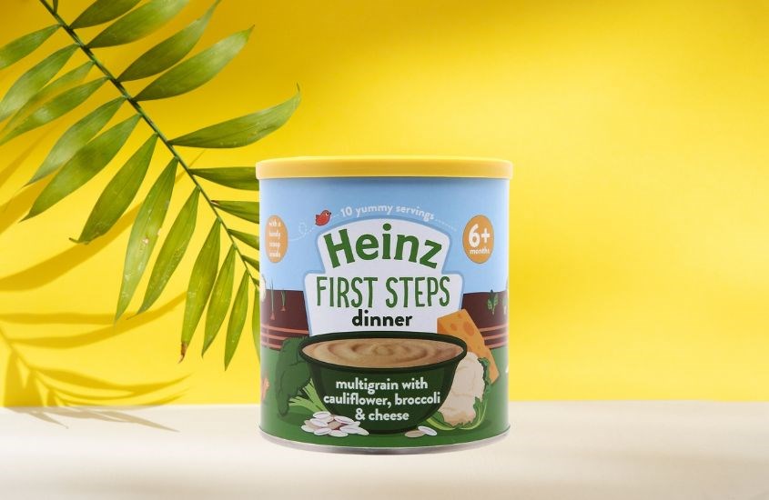 Bột ăn dặm Heinz bột ngũ cốc, súp lơ, bông cải và phô mai lon 200g (từ 6 tháng)