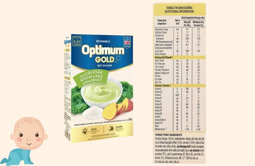 Bột ăn dặm Optimum Gold gạo, cải xoăn và khoai lang hộp 200g (6 - 24 tháng)