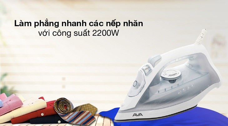 Bàn ủi hơi nước AVA SW605 2200W có công suất hoạt động mạnh mẽ, lên đến 2200W giúp làm phẳng nhanh các vết nhăn cứng đầu