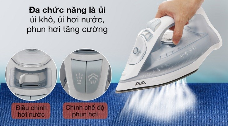 Bàn ủi hơi nước AVA SW605 2200W được trang bị đa dạng chức năng ủi gồm: ủi khô, ủi hơi nước, phun hơi tăng cường