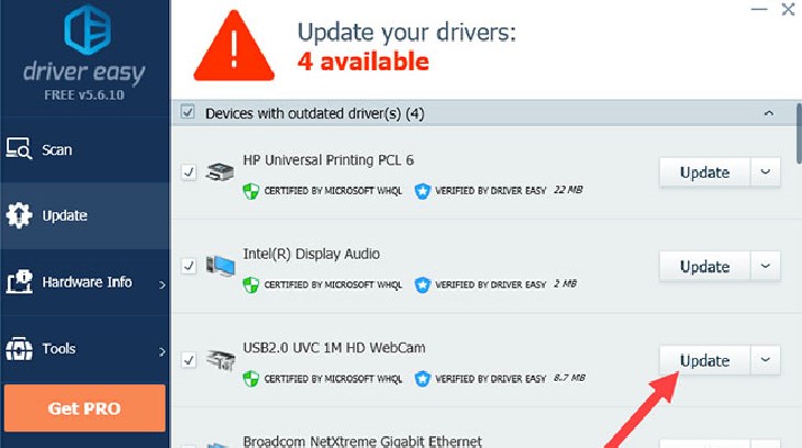 Chọn Update để cập nhật Driver mới nhất cho webcam
