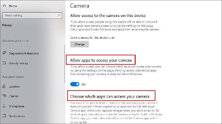 Thiết lập quyền truy cập vào webcam của các ứng dụng cần sử dụng webcam