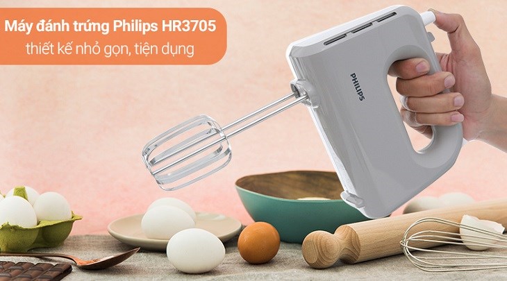 Máy đánh trứng Philips HR3705/20 sở hữu thiết kế thon gọn, tiện dụng phù hợp với không gian bếp vừa phải