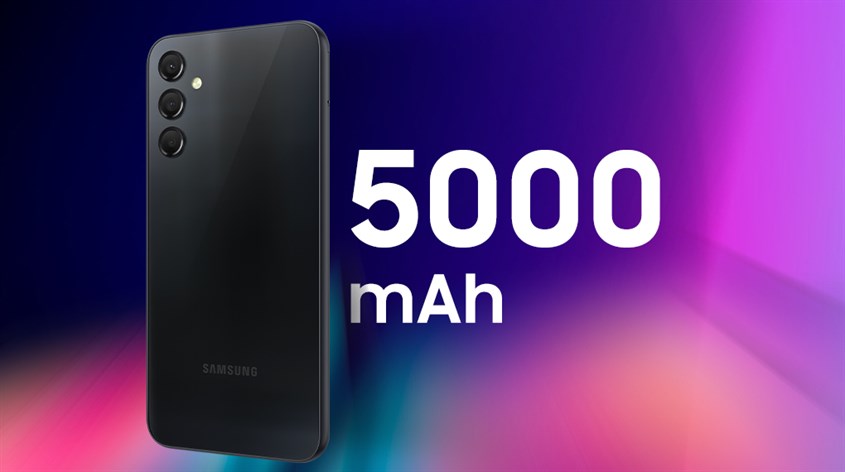 Galaxy A24 được trang bị viên pin dung lượng cao lên đến 5000 mAh cùng công nghệ sạc nhanh 25 W