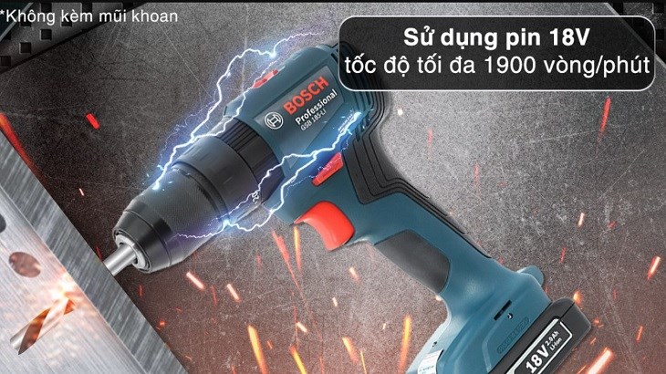 Máy khoan vặn vít pin Bosch GSB 185-LI 18V sử dụng viên pin 18V hoạt động mạnh mẽ