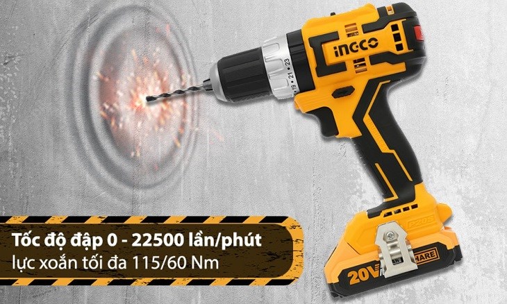 Máy khoan búa pin Ingco CIDLI20608 20V có tốc độ đập đến 22500 lần/phút cho khả năng khoan đục nhanh chóng