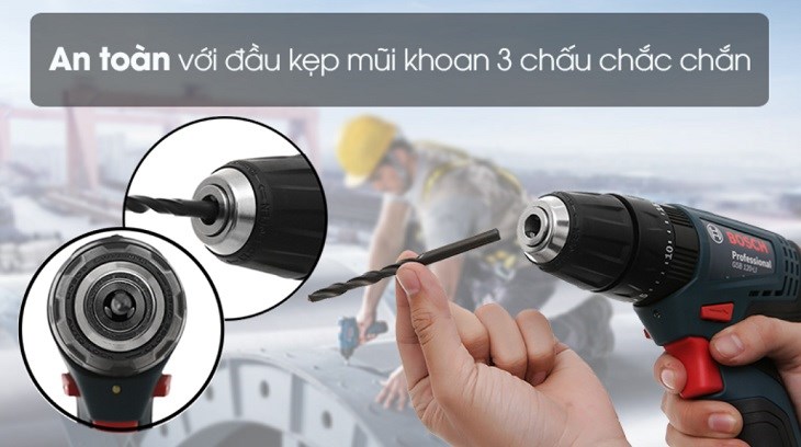 Máy khoan động lực pin Bosch GSB 120-LI 12V sử dụng đầu kẹp tối đa khoảng 10 mm, khoan được trên nhiều vật liệu