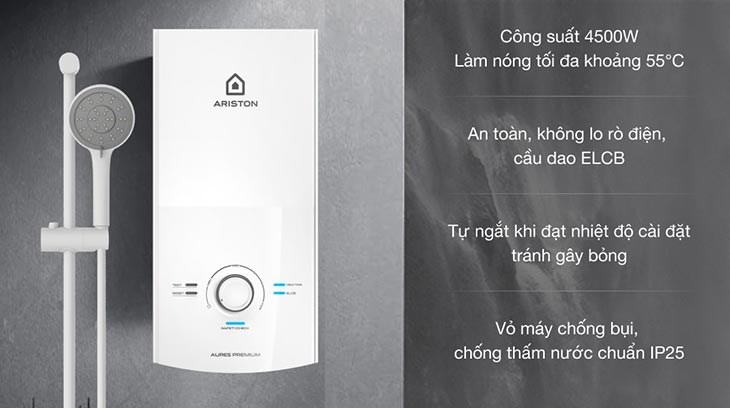 Máy nước nóng trực tiếp Ariston 4500W AURES PREMIUM 4.5 là thương hiệu chất lượng cao của Ý