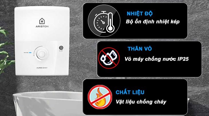 Máy nước nóng trực tiếp Ariston 4500W AURES EASY 4.5 D có vỏ chống nước IP25 giúp đảm bảo an toàn cho các linh kiện bên trong