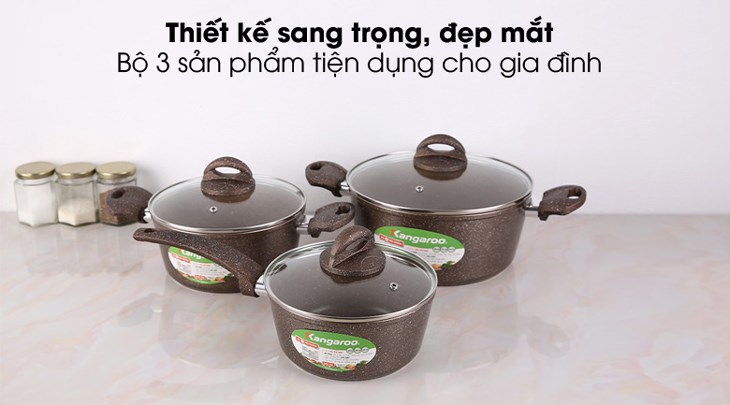 Bộ nồi quánh nhôm chống dính nắp kính Kangaroo KG992MX có màu sắc hiện đại, thiết kế sang trọng, dùng đẹp cho không gian bếp gia đình