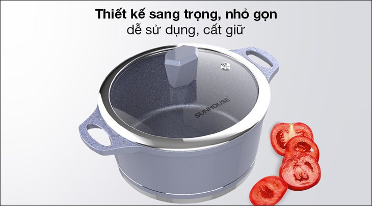Nồi nhôm chống dính nắp kính 20 cm Sunhouse SHG2020MMA có kiểu dáng sang trọng, đường nét góc cạnh mang hơi hướng châu Âu cổ điển