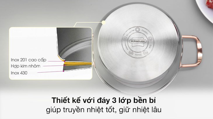 Bộ 3 nồi inox 3 đáy nắp kính Sunhouse SHG306 có cấu tạo đáy 3 lớp gồm inox 430 - nhôm - inox 201 cao cấp, cho hiệu quả bắt nhiệt tốt và truyền nhiệt đều