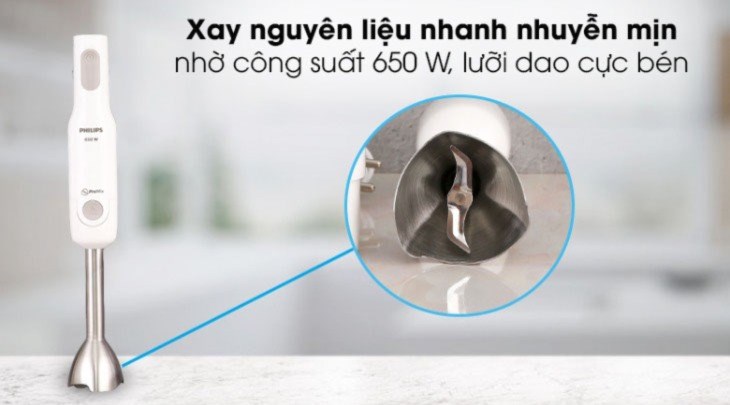 Máy xay sinh tố cầm tay đa năng Philips HR2537 hoạt động mạnh mẽ với công suất 650W và lưỡi xay sắc bén