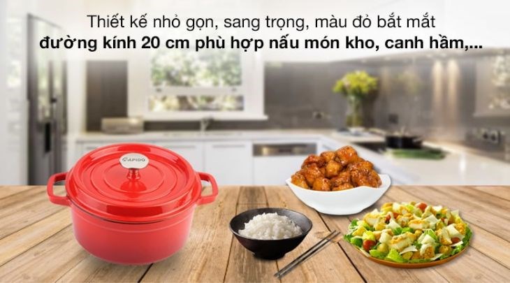 Nồi gang đúc 20 cm Rapido RK20-RD có thiết kế nhỏ gọn kết hợp màu đỏ tươi bắt mắt, tô điểm không gian bếp thêm nổi bật